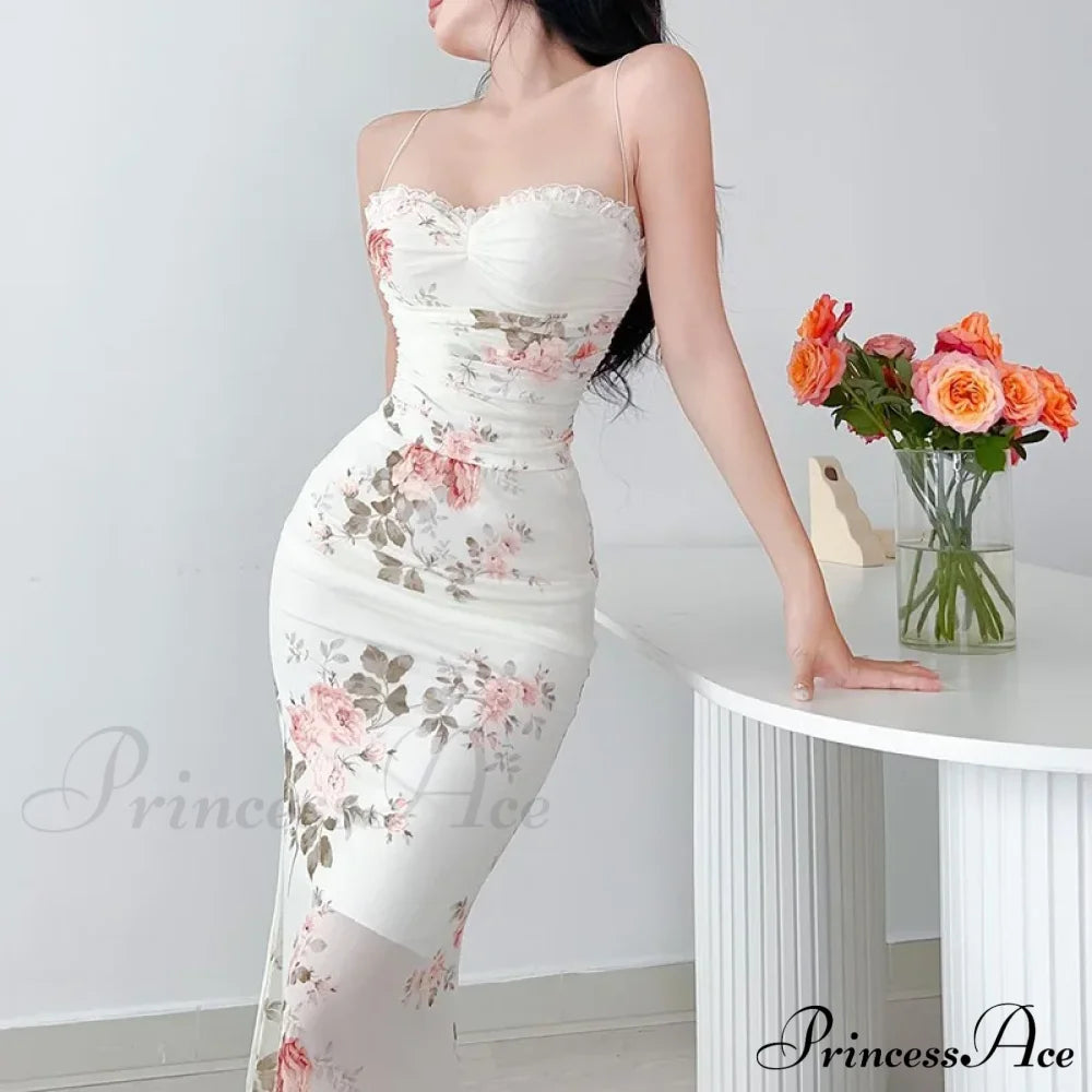 Flower Print Suspender Off Shoulder Backless Midi Chic Female Party Club Floral Dress White / S