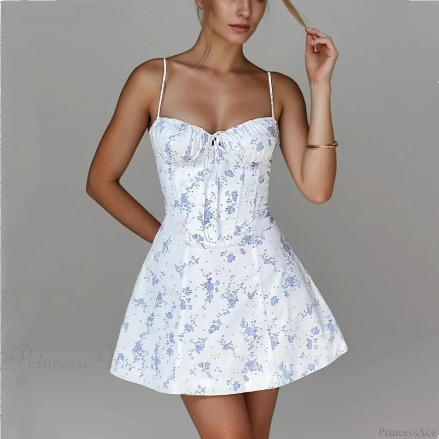 Flower Ruched Bow Back Slim Waist Mini Dress as picture / S minidress-250223