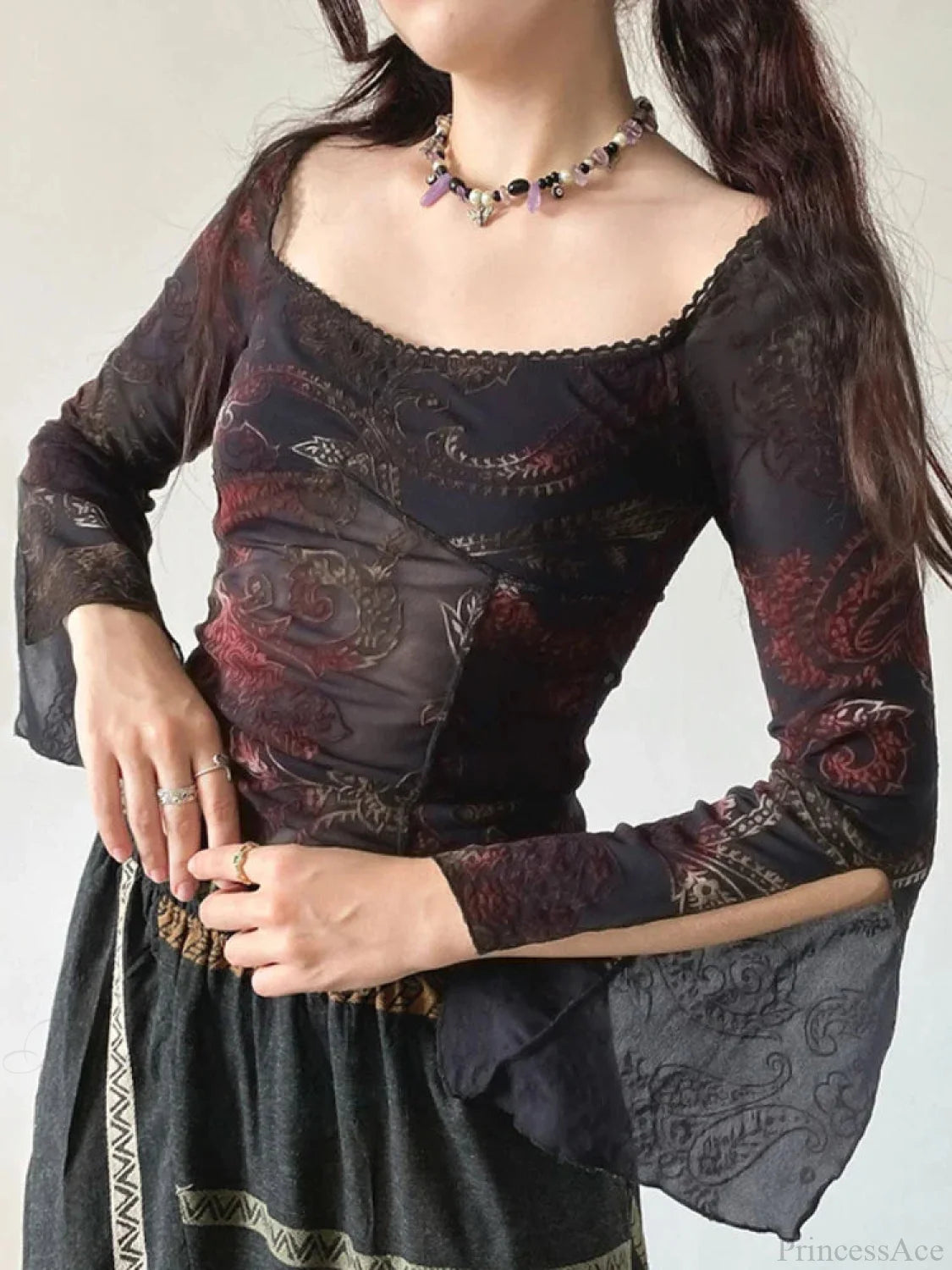 Flower Square Collar Knitted Top Black / S