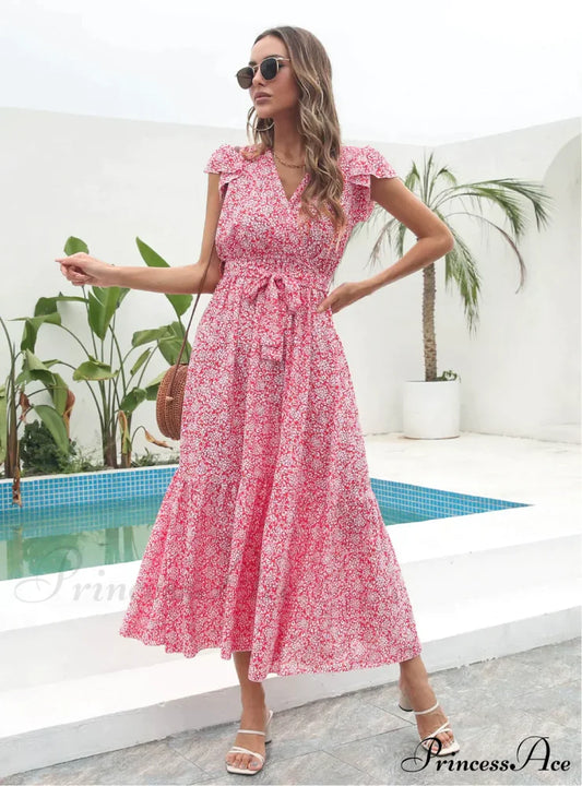 Flowered Brief Arm Chiffon V-Neck Patterned Dress L / Red Dresses