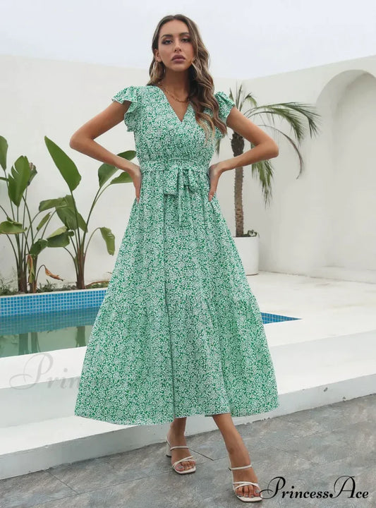 Flowered Brief Arm Chiffon V-Neck Patterned Dress S / Red Dresses