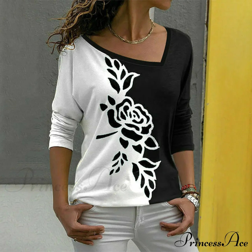 Flowered Contrast Design T-Shirt With Colors Blouses