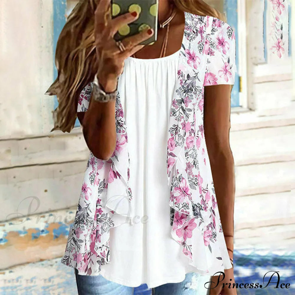 Flowered Design Double-Layer Blouse Blouses