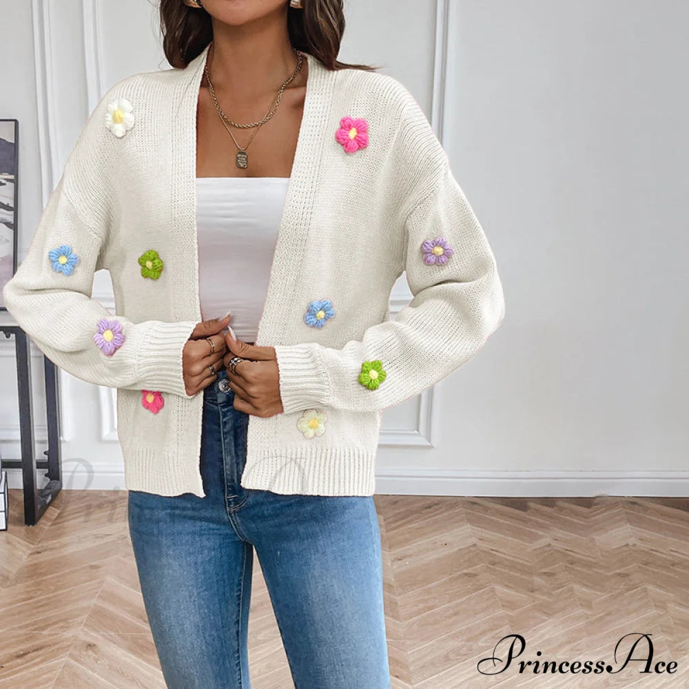 3D Floral Knitted Cardigan White best Best Sellings cardigan cardigans clothes Sale tops Topseller