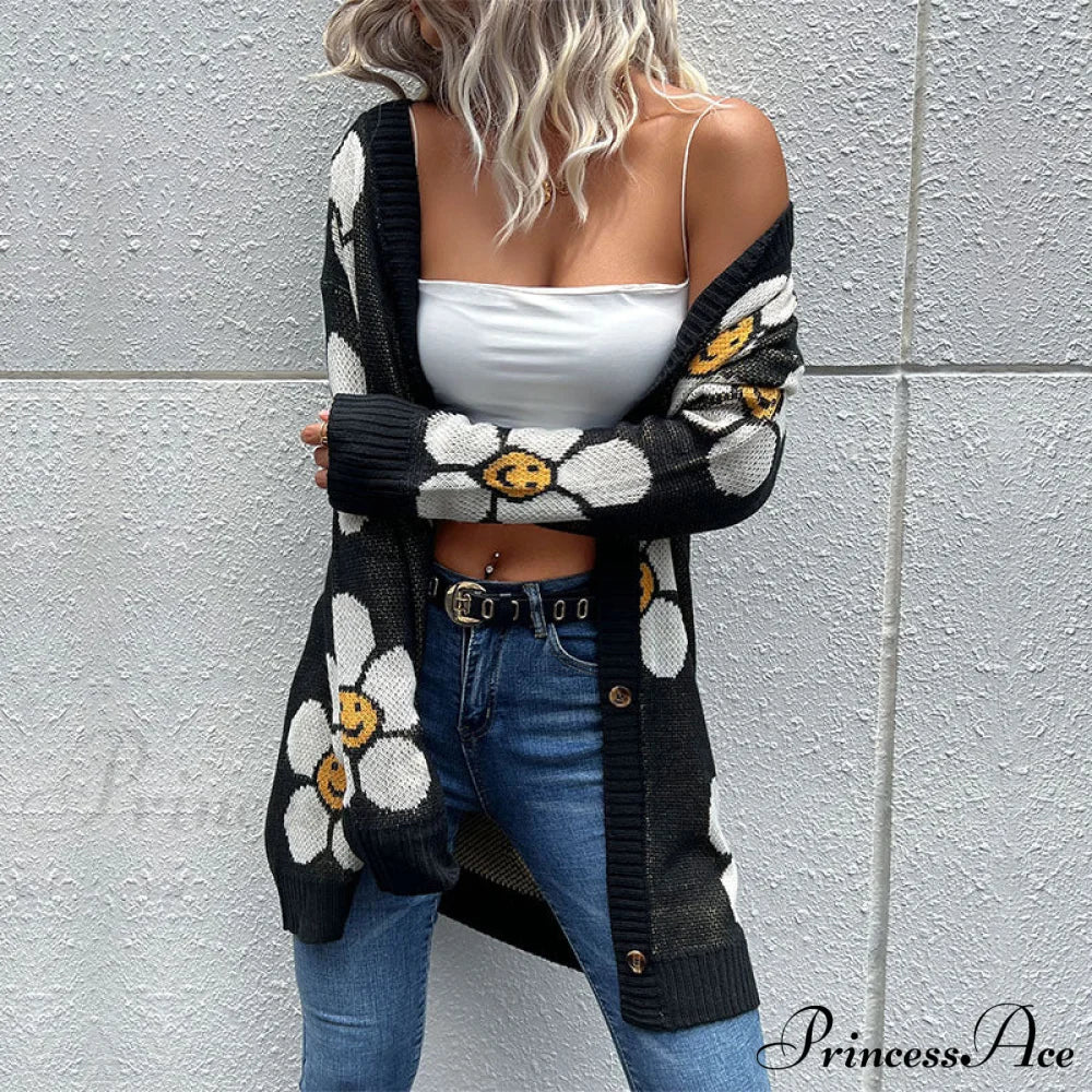 Flowered Longline Cardigan With Buttons Sweaters-L