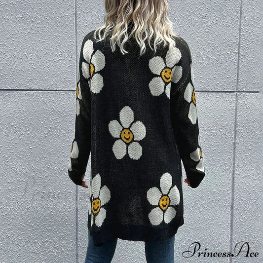 Flowered Longline Cardigan With Buttons Sweaters-L