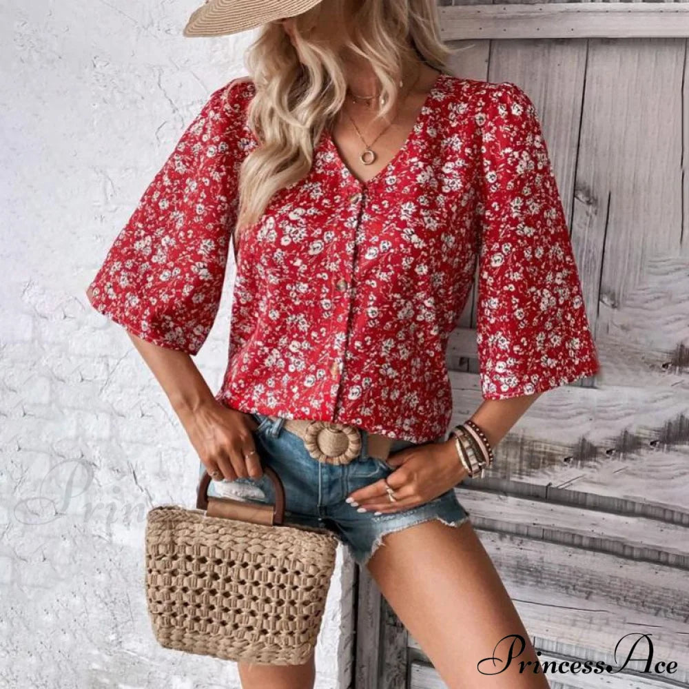 Flowered Loose Blouse Blouses