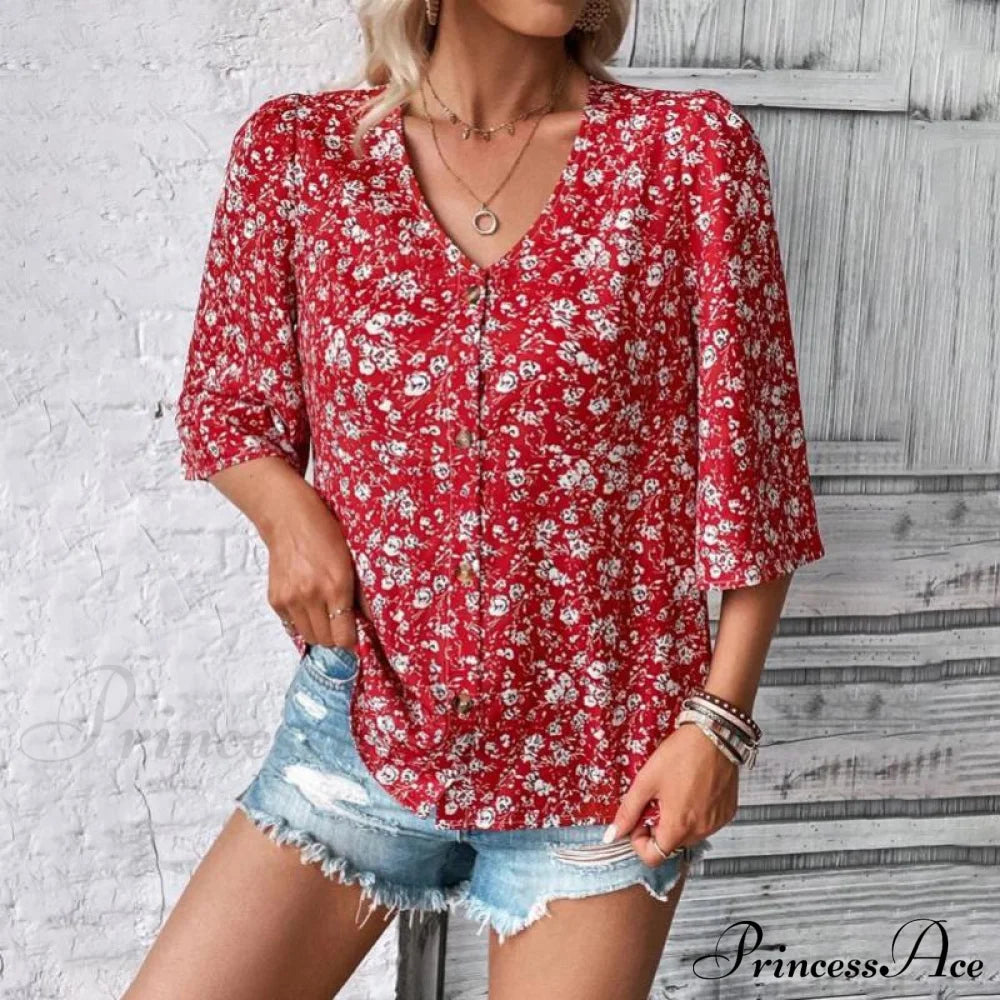 Flowered Loose Blouse Blouses