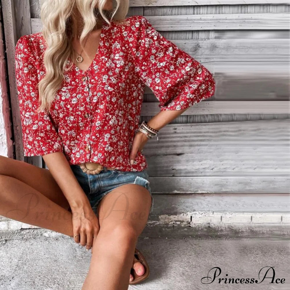 Flowered Loose Blouse Blouses