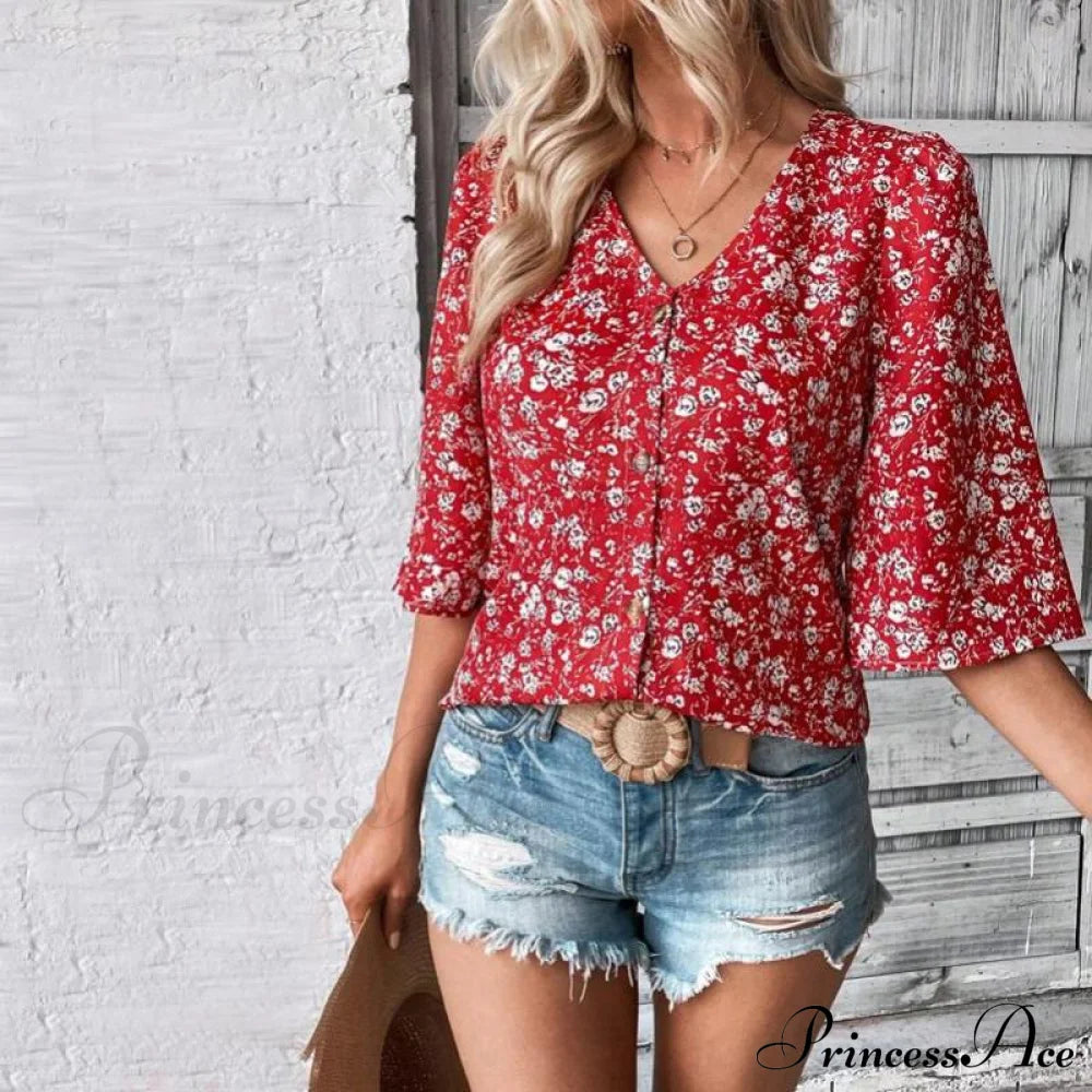 Casual Loose Floral Blouse Red best Best Sellings clothes Plus Size Sale tops Topseller