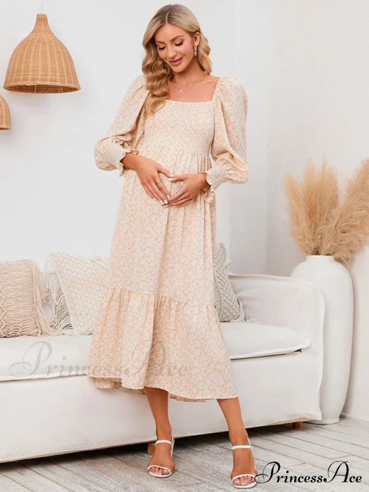 Flowered Maternity Small With Chiffon Gown Print Khaki / S Coats-L