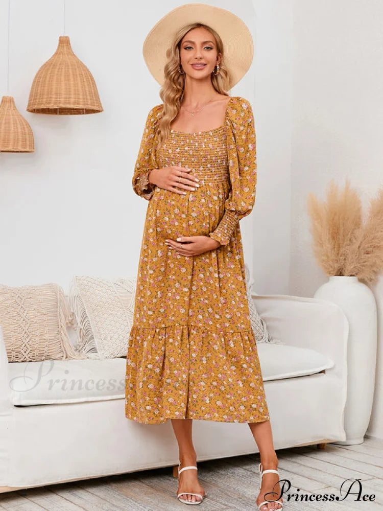 Flowered Maternity Small With Chiffon Gown Print Yellow / S Coats-L