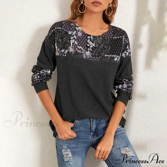 Floral Print Patchwork T-Shirt Dark Gray best Best Sellings clothes Plus Size Sale tops Topseller