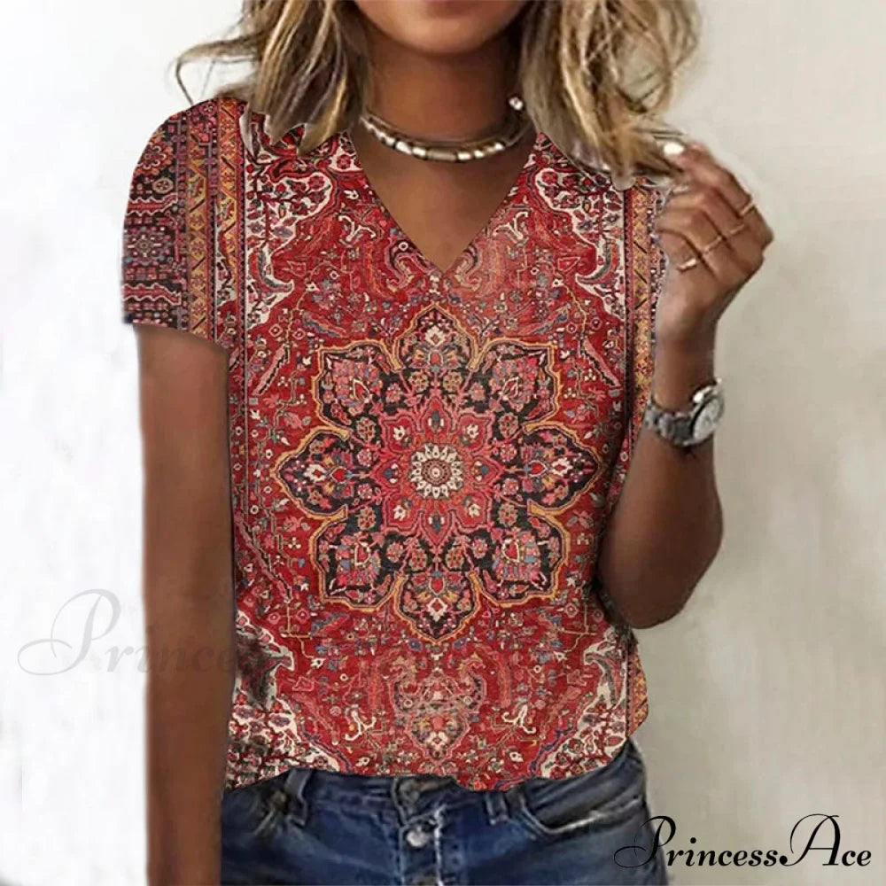 Flowered Red T-Shirt Blouses