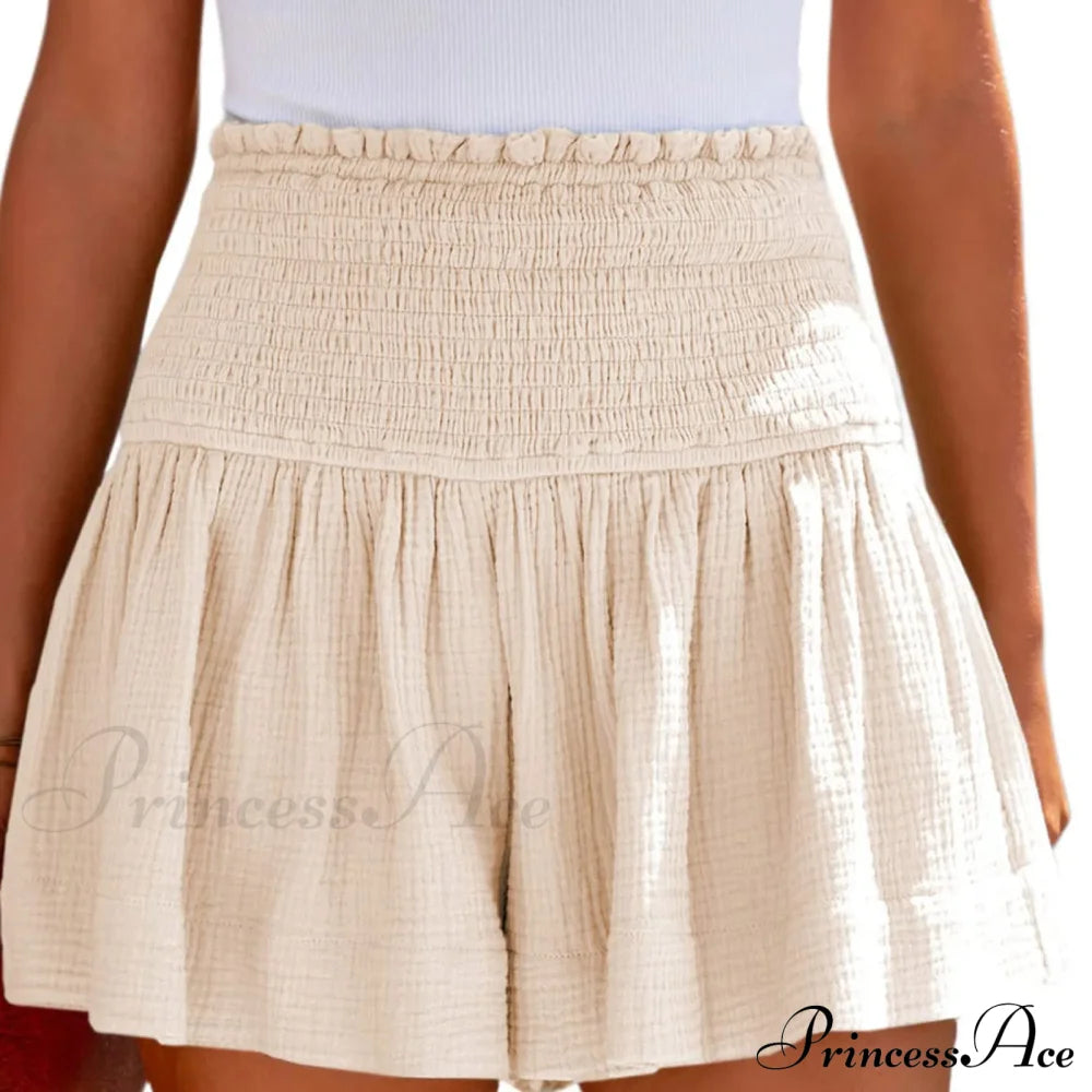 Flowy Casual Cotton Elastic Waisted Pleated Ruffle Cute Short Beige / S