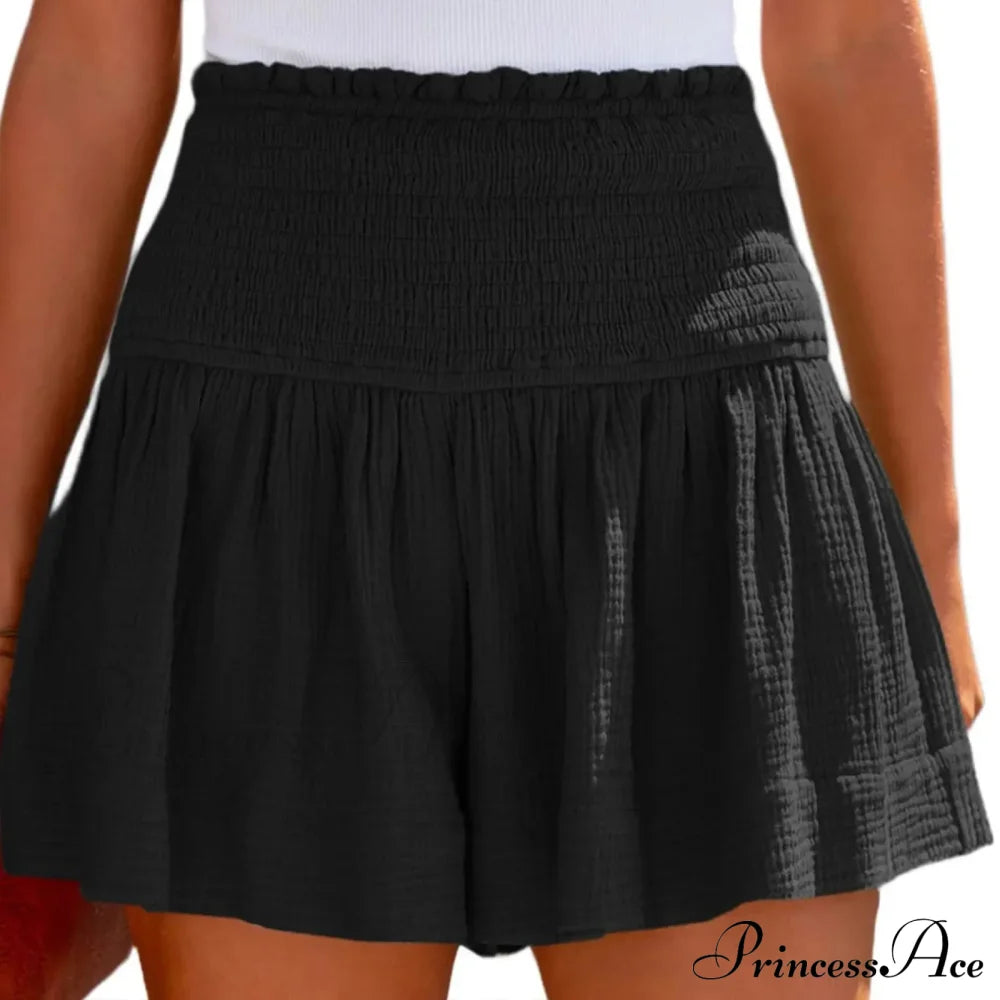 Flowy Casual Cotton Elastic Waisted Pleated Ruffle Cute Short Black / S