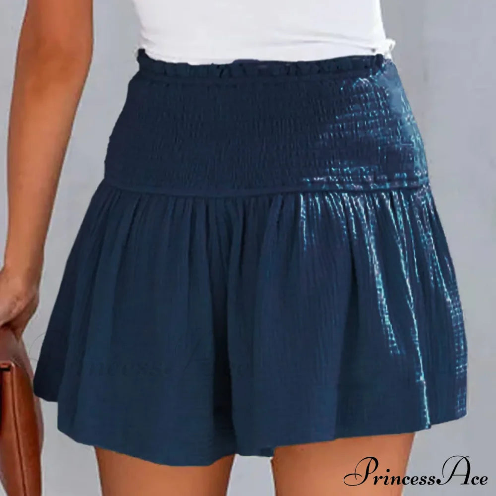 Flowy Casual Cotton Elastic Waisted Pleated Ruffle Cute Short Dark Blue / S