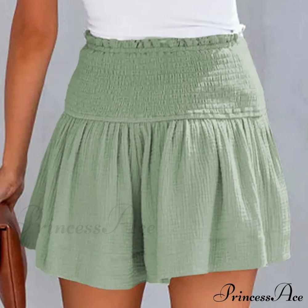 Flowy Casual Cotton Elastic Waisted Pleated Ruffle Cute Short Green / S