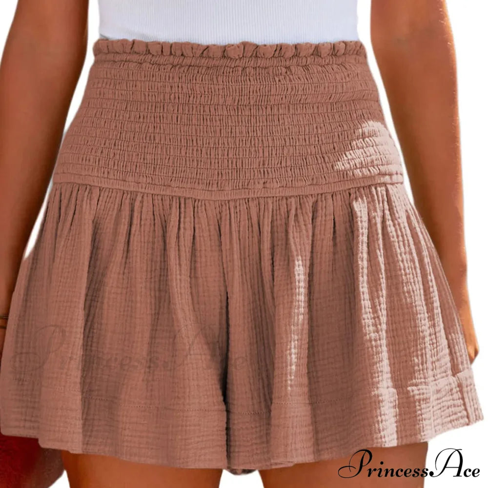 Flowy Casual Cotton Elastic Waisted Pleated Ruffle Cute Short Khaki / S