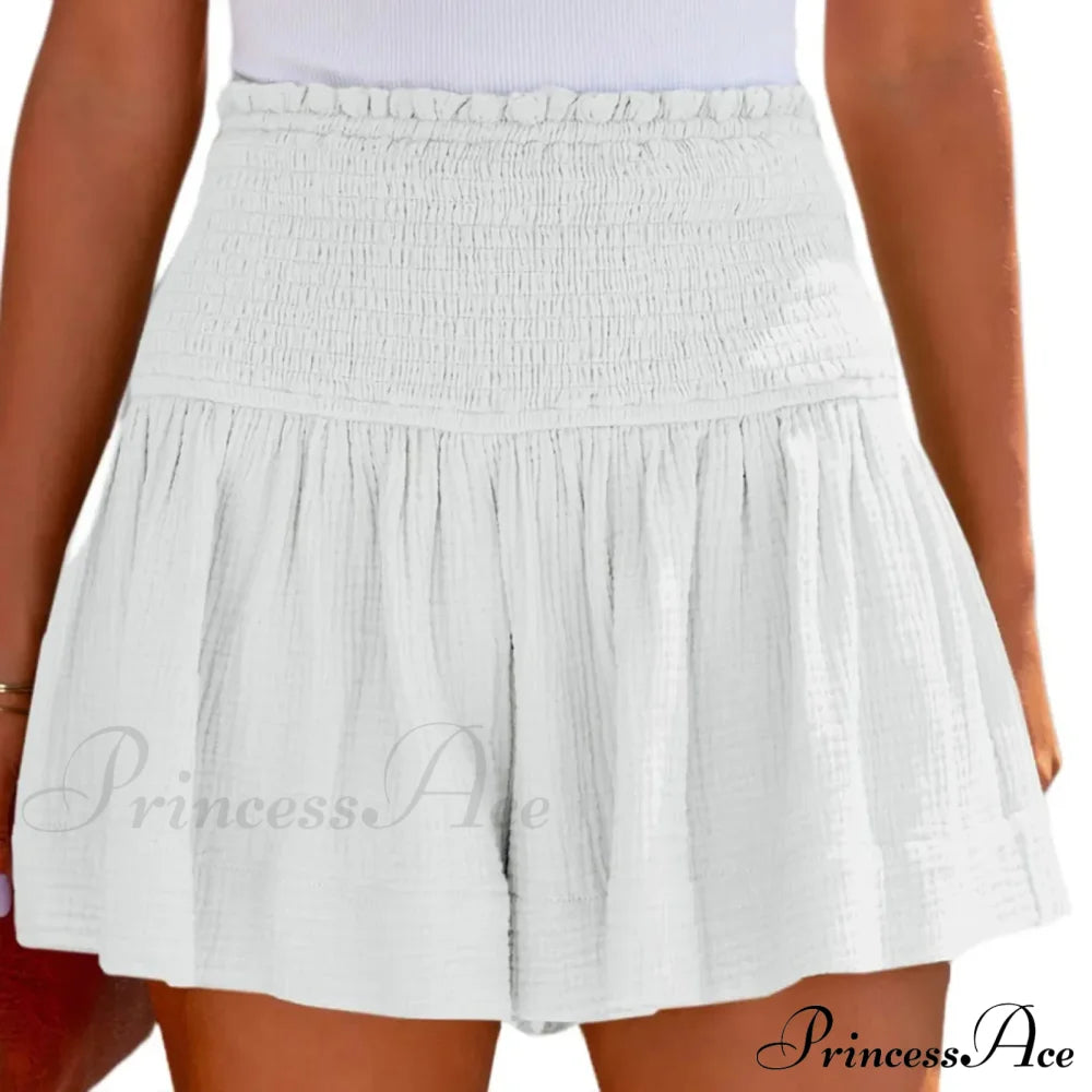 Flowy Casual Cotton Elastic Waisted Pleated Ruffle Cute Short White / S