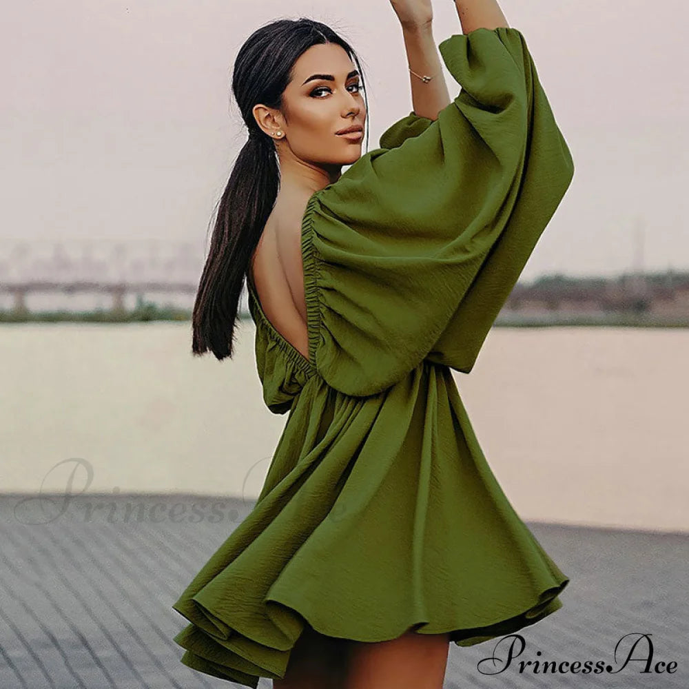 Flowy Ruffle Graceful Swing Mini Dress S / Green Ruched Dresses