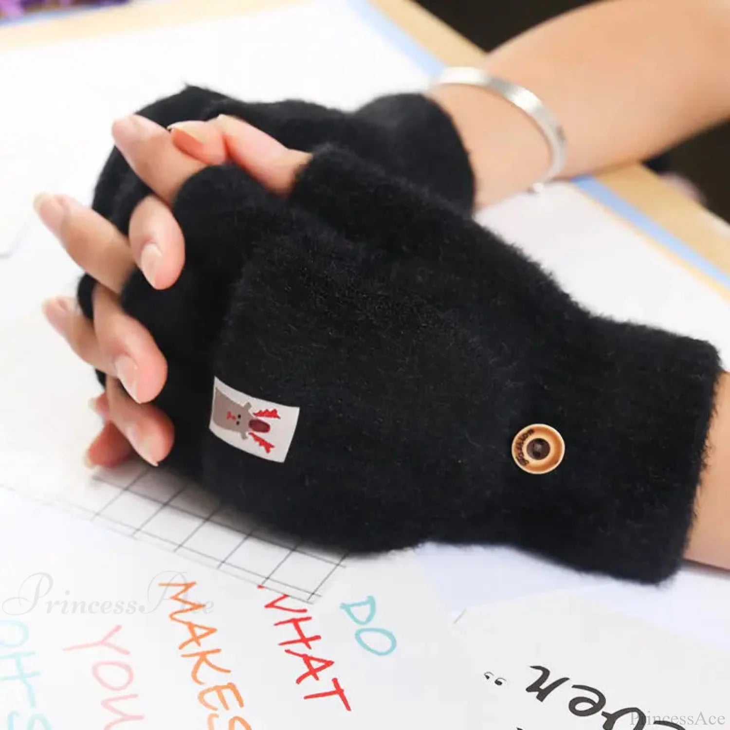 Fluffy Bear Cat Paw Claw Fingerless Winter Gloves - Korean Style Gift For Christmas B-Black Gloves-L