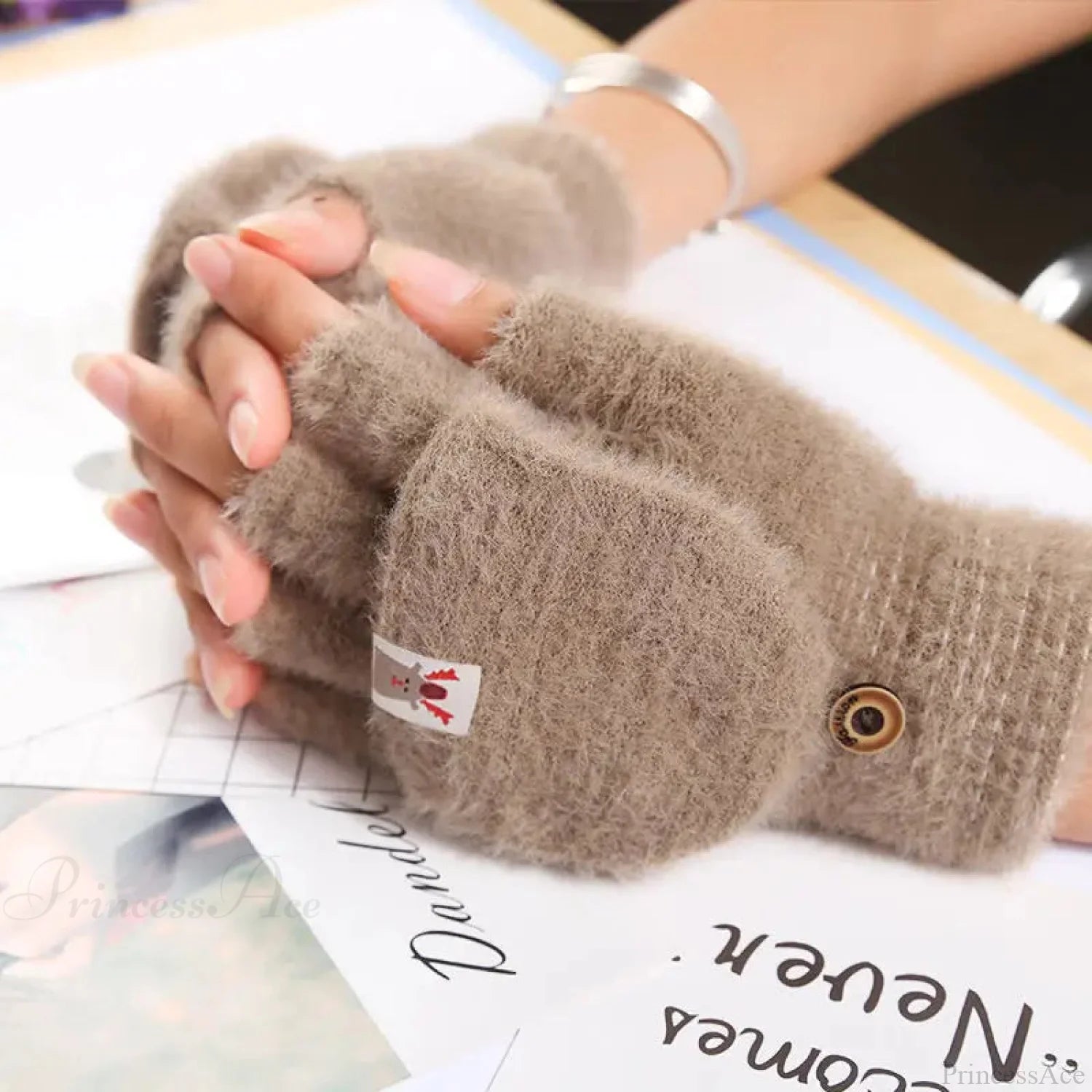 Fluffy Bear Cat Paw Claw Fingerless Winter Gloves - Korean Style Gift For Christmas B-Camel Gloves-L