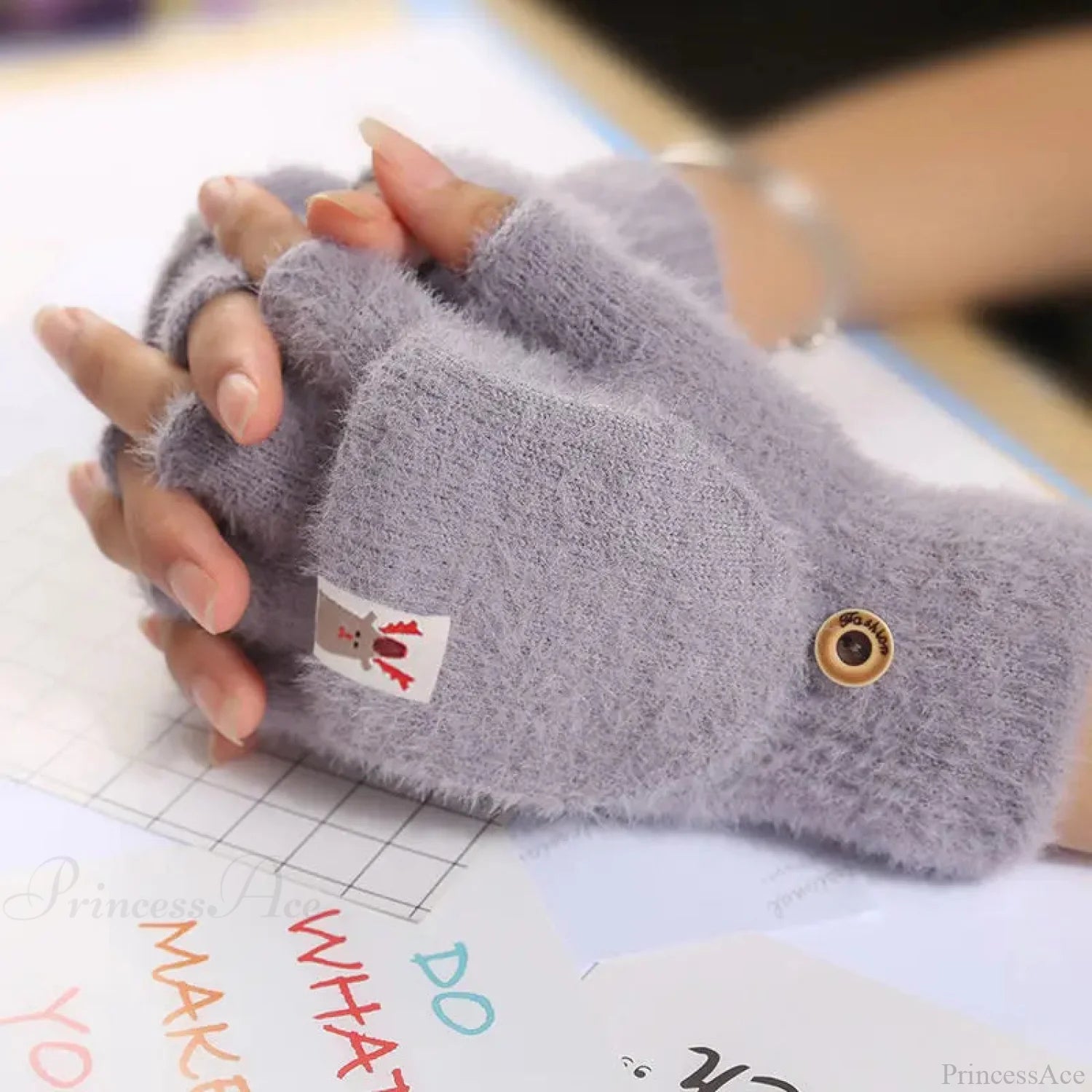 Fluffy Bear Cat Paw Claw Fingerless Winter Gloves - Korean Style Gift For Christmas B-Grey Gloves-L