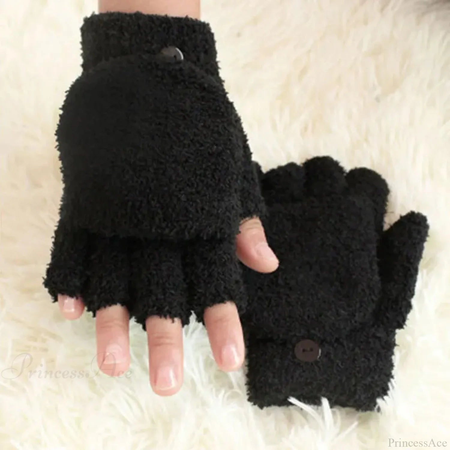 Fluffy Bear Cat Paw Claw Fingerless Winter Gloves - Korean Style Gift For Christmas D-Black Gloves-L