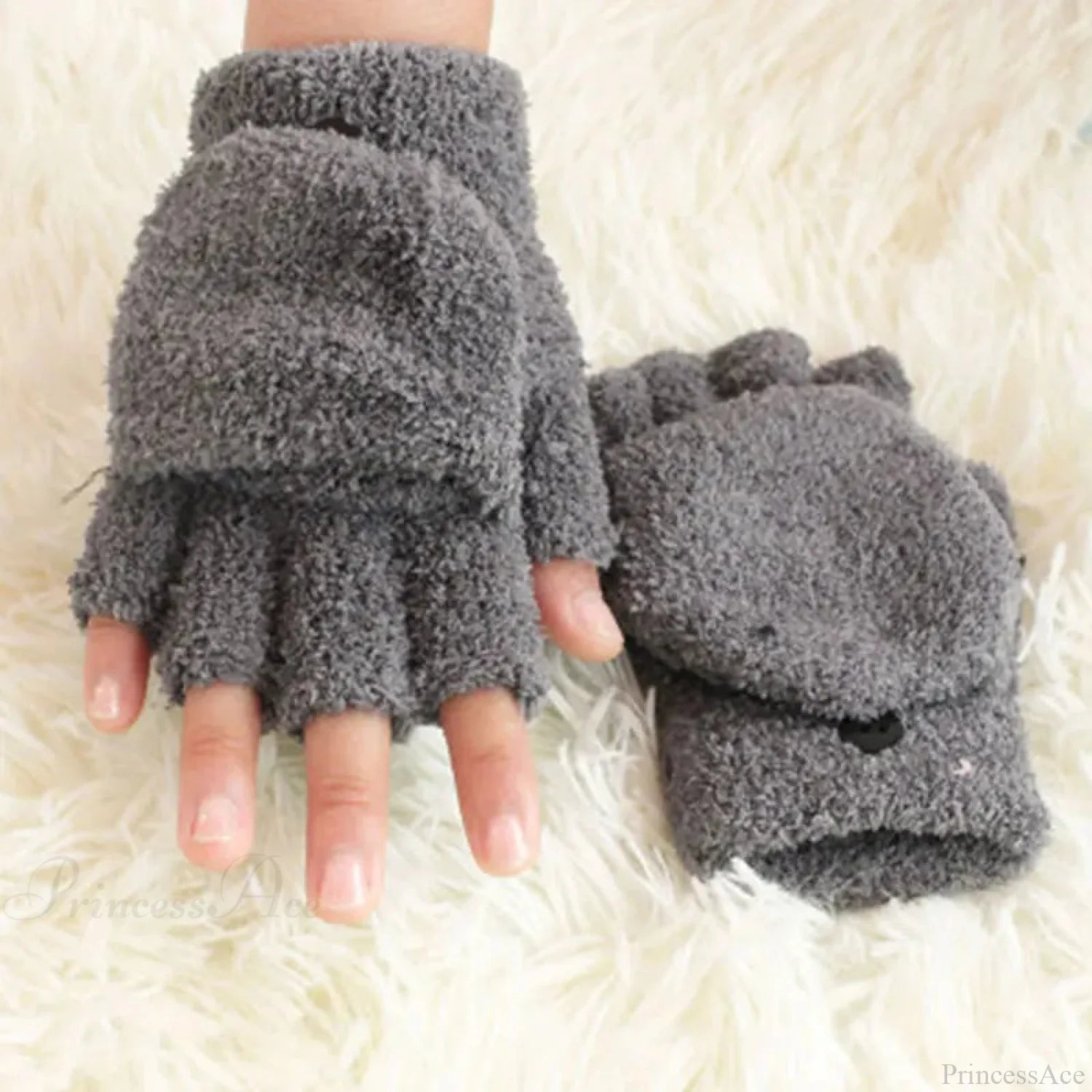 Fluffy Bear Cat Paw Claw Fingerless Winter Gloves - Korean Style Gift For Christmas D-Grey Gloves-L