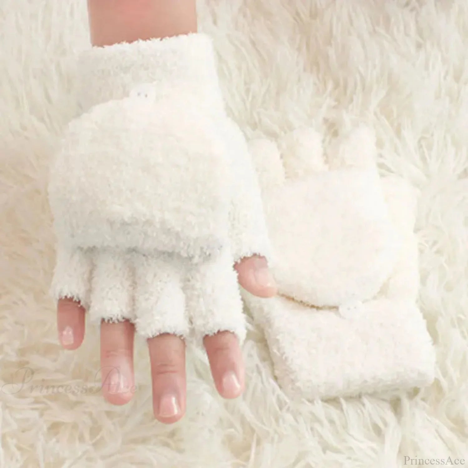 Fluffy Bear Cat Paw Claw Fingerless Winter Gloves - Korean Style Gift For Christmas D-White Gloves-L