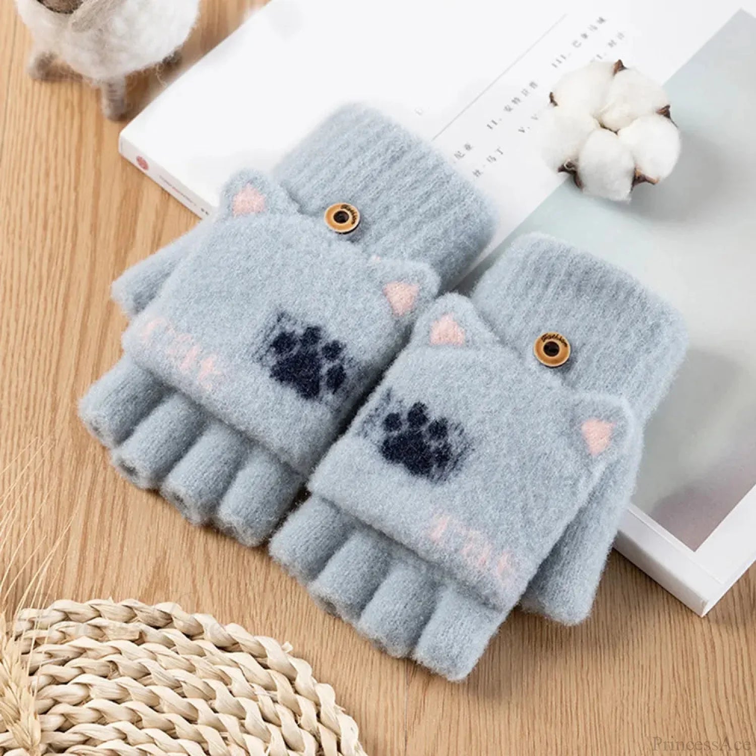 Fluffy Bear Cat Paw Claw Fingerless Winter Gloves - Korean Style Gift For Christmas E-Blue Gloves-L
