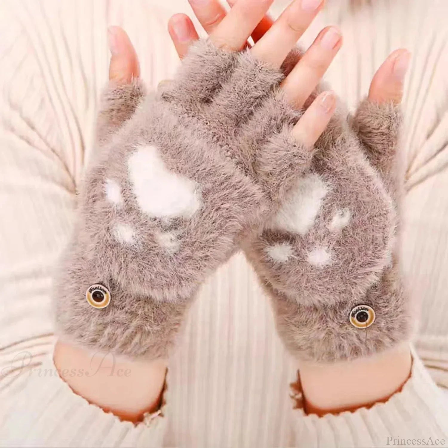 Fluffy Bear Cat Paw Claw Fingerless Winter Gloves - Korean Style Gift For Christmas Gloves-L