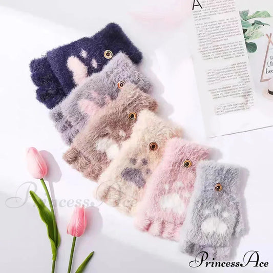 Fluffy Bear Cat Paw Claw Fingerless Winter Gloves - Korean Style Gift For Christmas Gloves-L