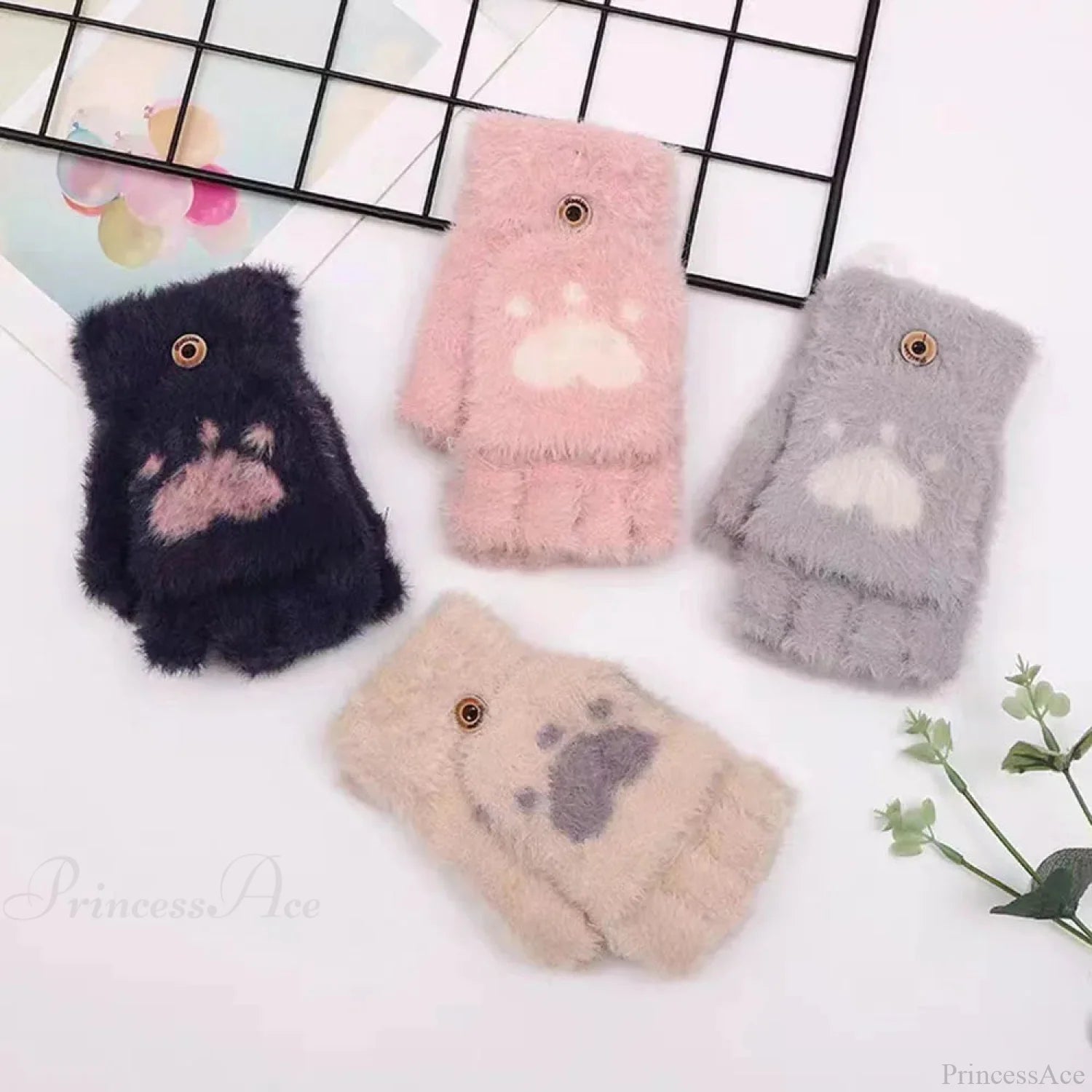 Fluffy Bear Cat Paw Claw Fingerless Winter Gloves - Korean Style Gift For Christmas Gloves-L