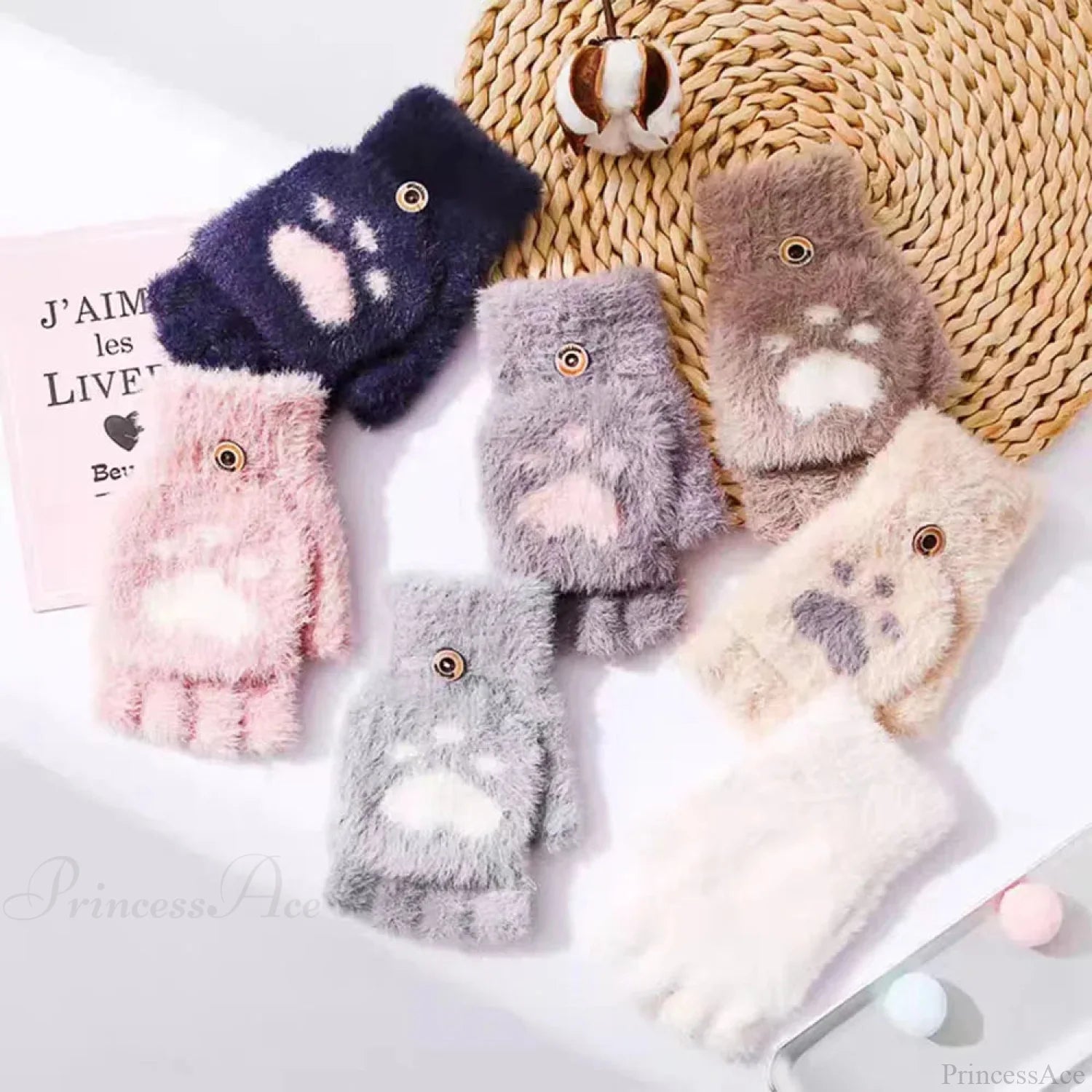 Fluffy Bear Cat Paw Claw Fingerless Winter Gloves - Korean Style Gift For Christmas Gloves-L