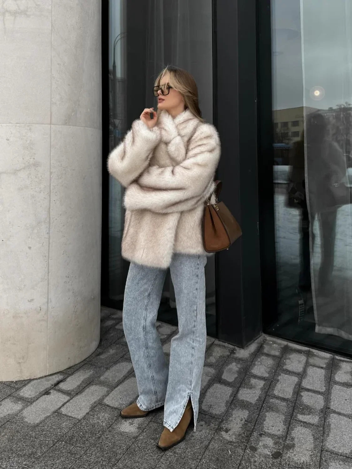 Fluffy Faux Fur Lapel Short Overcoat