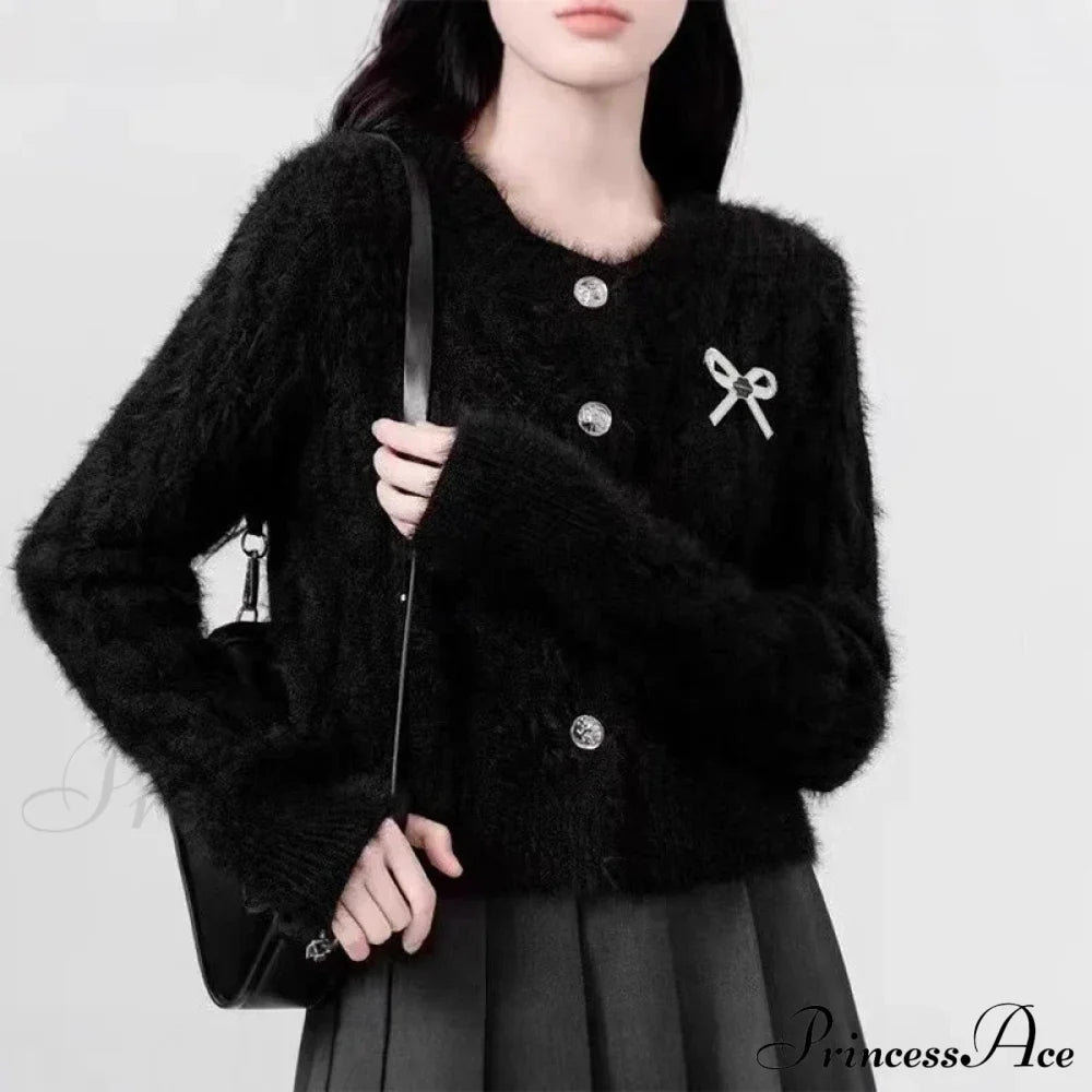 Fluffy Round Neck Bow Christmas Cardigan Black / One Size