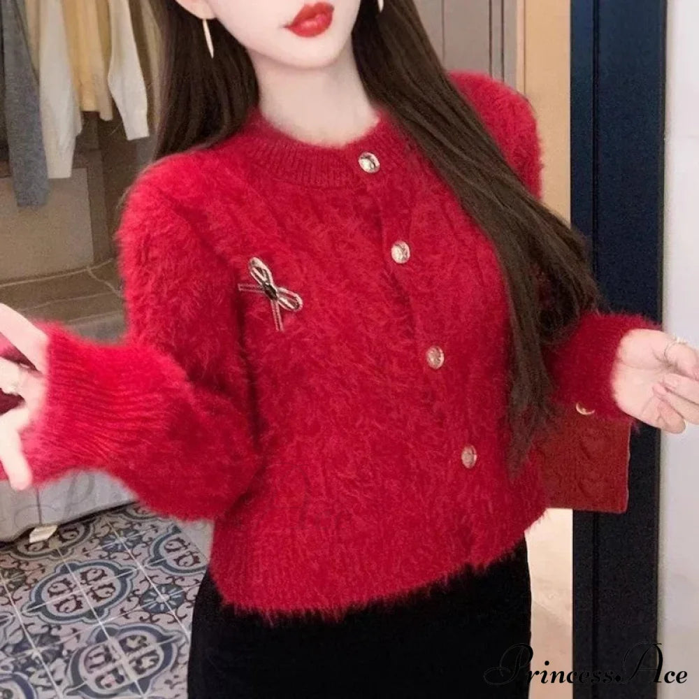 Fluffy Round Neck Bow Christmas Cardigan Red / One Size