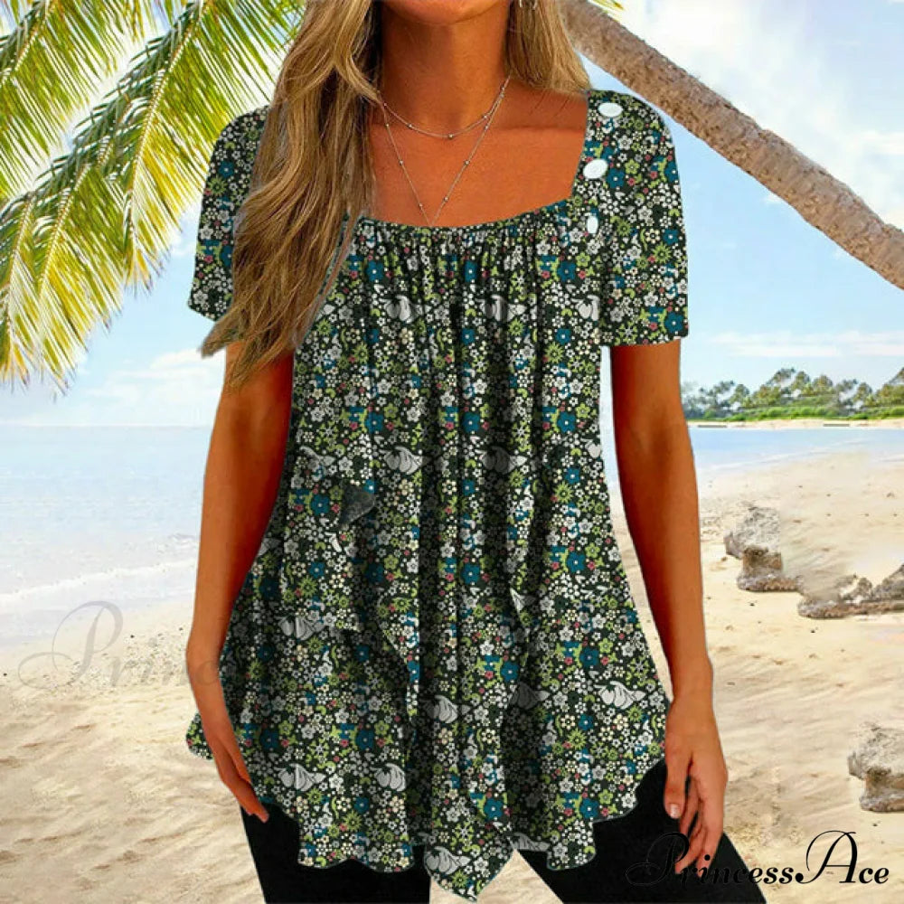 Floral Print Pleated Blouse Green best Best Sellings clothes Plus Size Sale tops Topseller