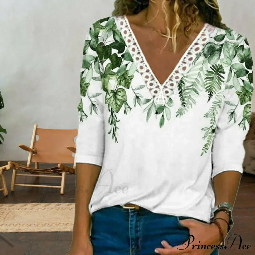 Leaf Print Lace Patchwork T-Shirt White best Best Sellings clothes Plus Size Sale tops Topseller