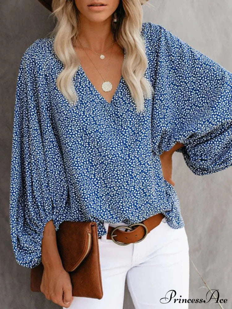 Women's Floral Long Sleeve Blouse, womens shirts Blue clothes long sleeve shirt long sleeve shirts long sleeve top long sleeve tops top tops Tops/Blouses