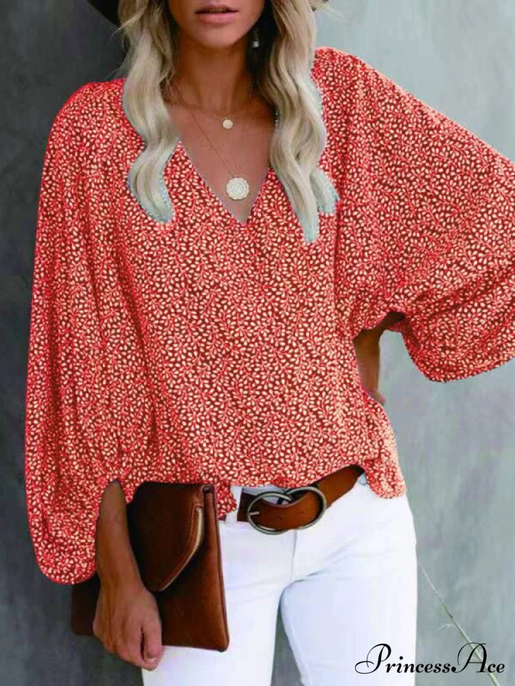 Women's Floral Long Sleeve Blouse, womens shirts Orange clothes long sleeve shirt long sleeve shirts long sleeve top long sleeve tops top tops Tops/Blouses