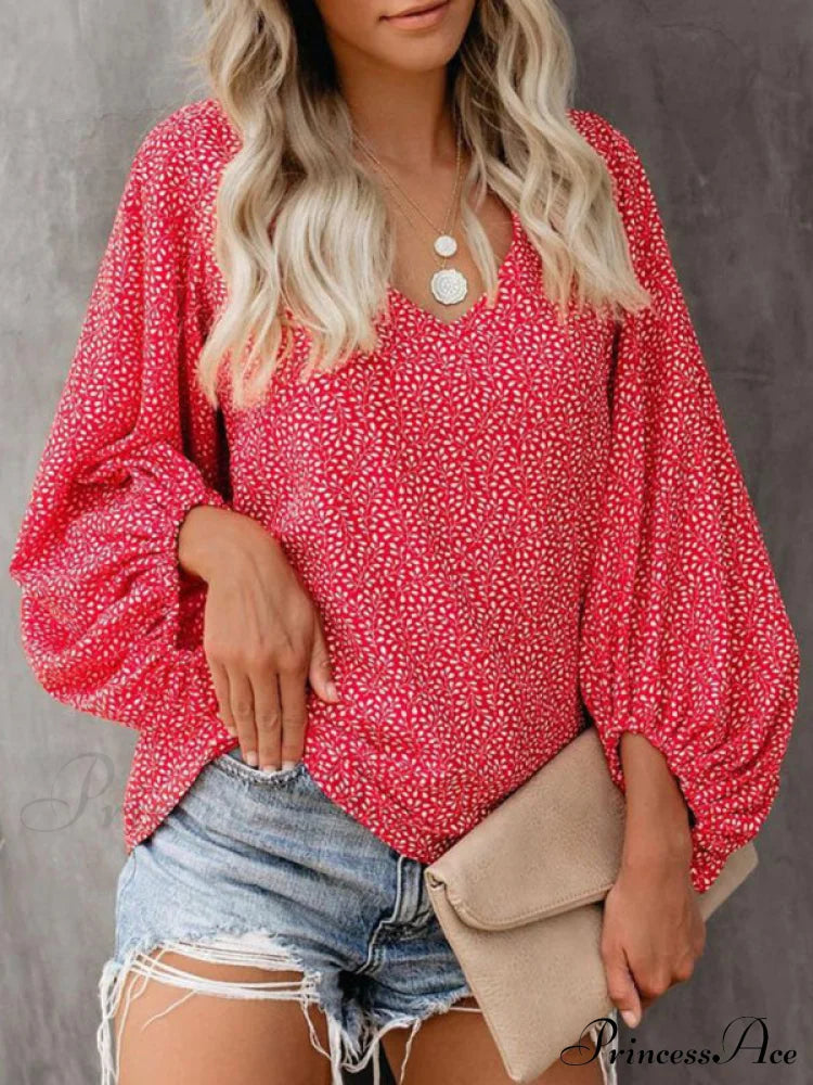 Women's Floral Long Sleeve Blouse, womens shirts Red clothes long sleeve shirt long sleeve shirts long sleeve top long sleeve tops top tops Tops/Blouses