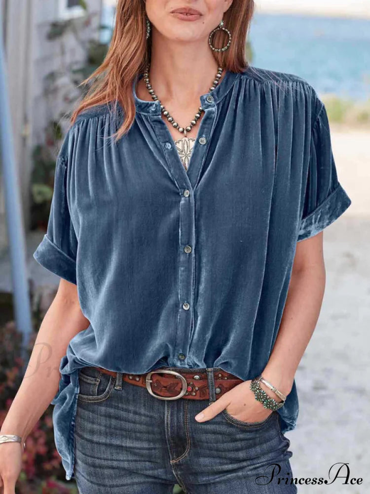 For Blouse Button-Up Velvet Plush Women