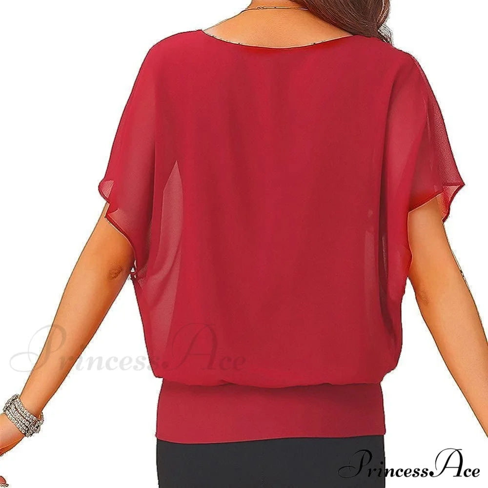 For Chiffon Blouse Casual T-Shirt Top Brief Arm Women