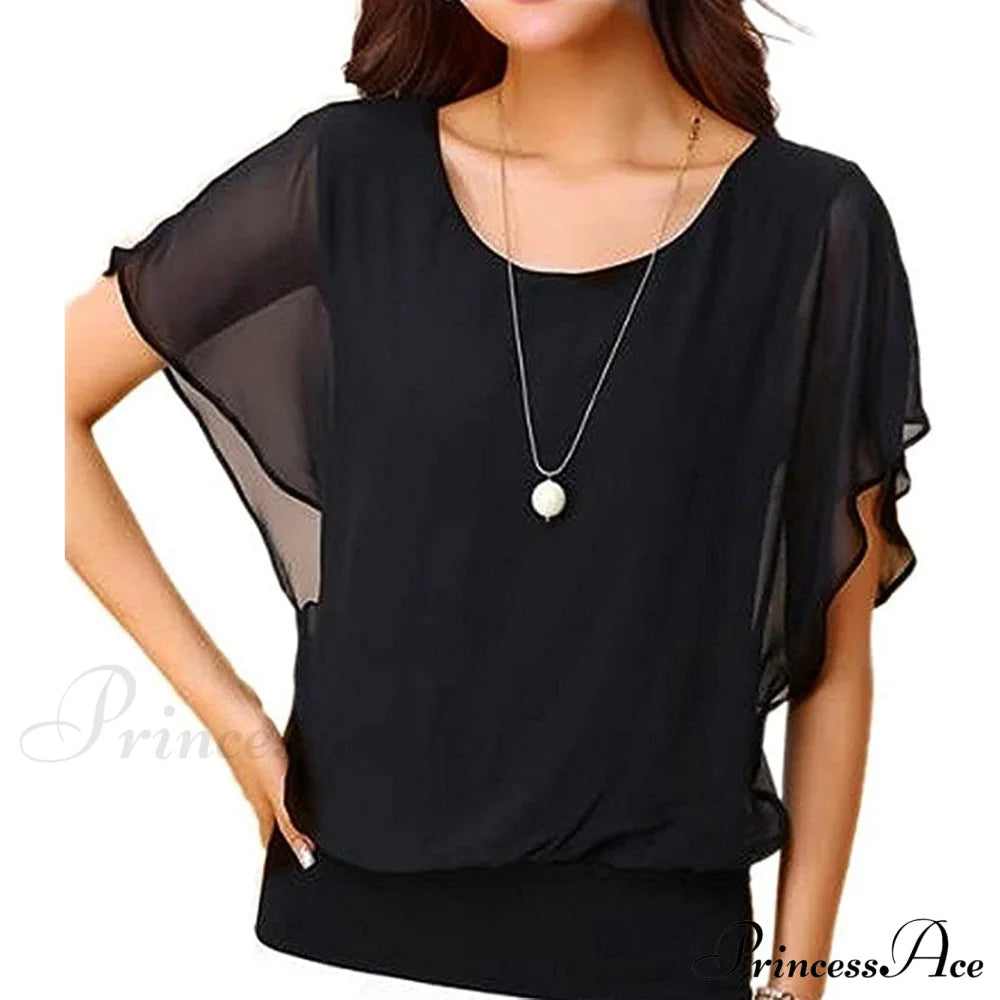 Women's Loose Casual Short Sleeve Chiffon Top T-Shirt Blouse Black __stock:200 clothes refund_fee:800 tops