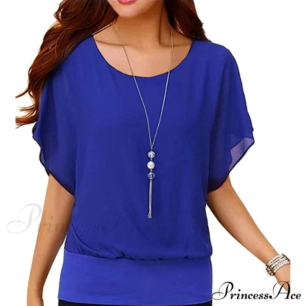 Women's Loose Casual Short Sleeve Chiffon Top T-Shirt Blouse Blue __stock:200 clothes refund_fee:800 tops