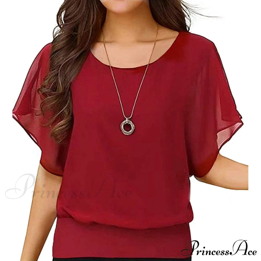 Women's Loose Casual Short Sleeve Chiffon Top T-Shirt Blouse Red __stock:200 clothes refund_fee:800 tops