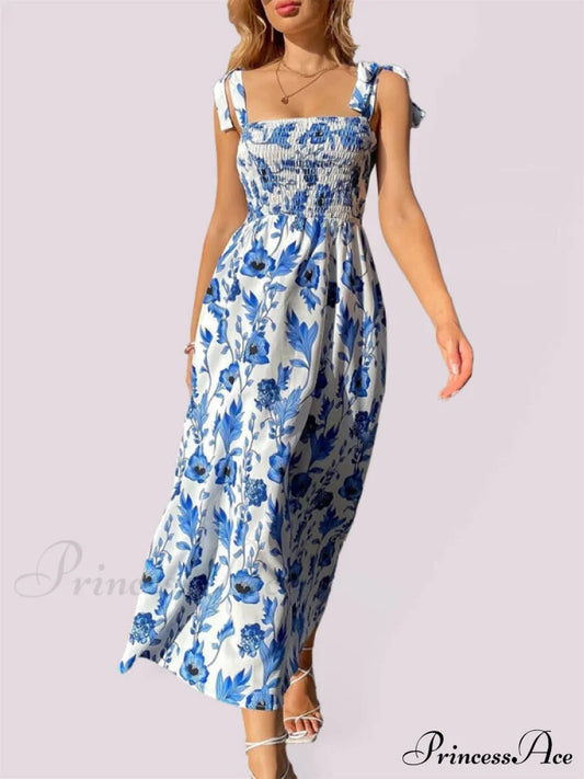 For Flowered Design Tiered Gown Smocked Women Clear Blue / S